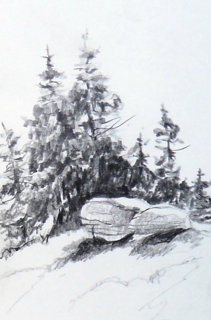 Felsen im Wald, Bleistift-Skizze Landschaft