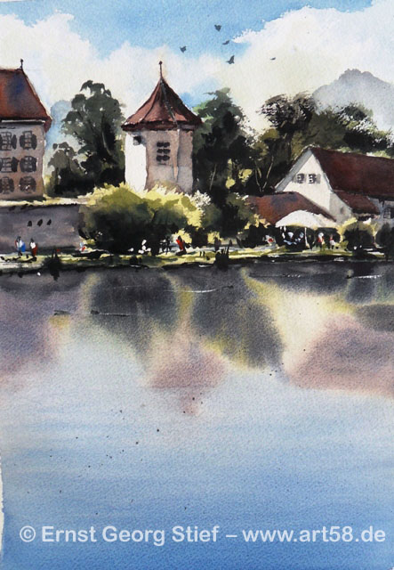  Schloss Blutenburg in München, Nordostansicht Aquarell